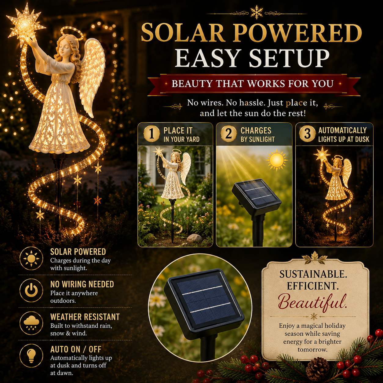 Solar powered Angel Star Blessing Christmas garden light setup