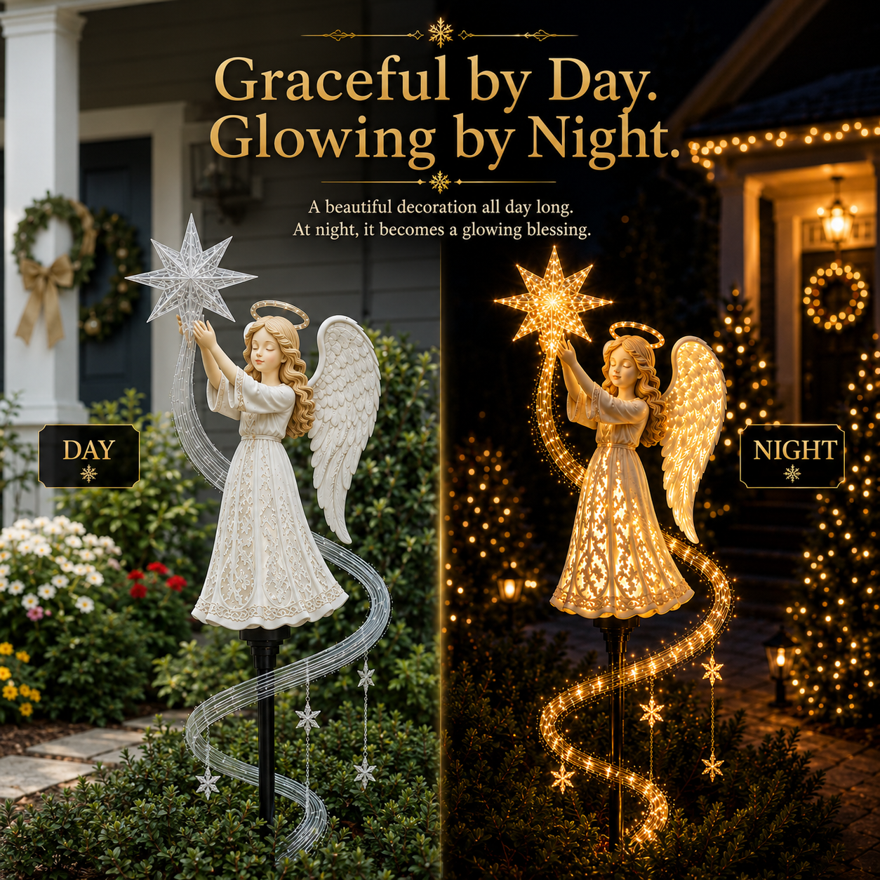 Angel Star Blessing garden light shown during day and night