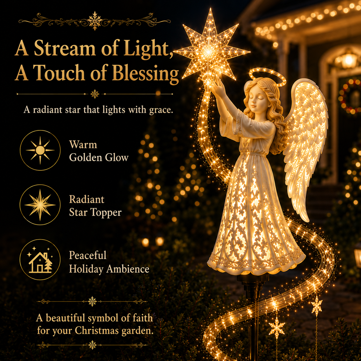 Angel holding radiant star with flowing warm golden lights