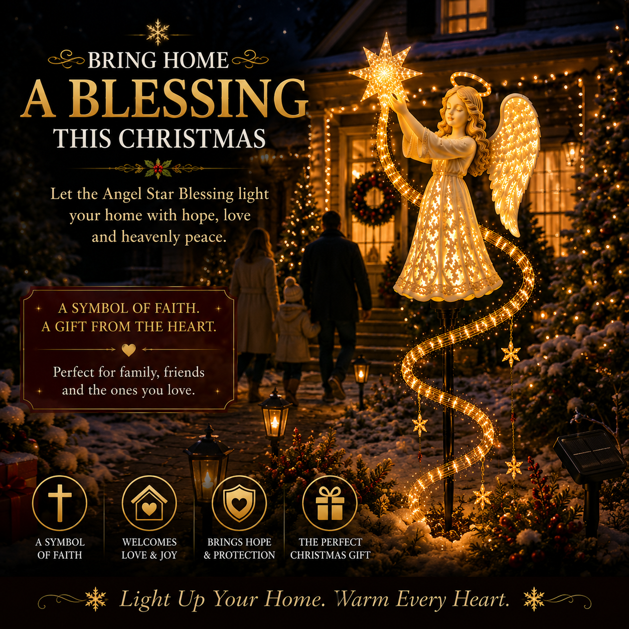 Family arriving home beside glowing Angel Star Blessing Christmas light